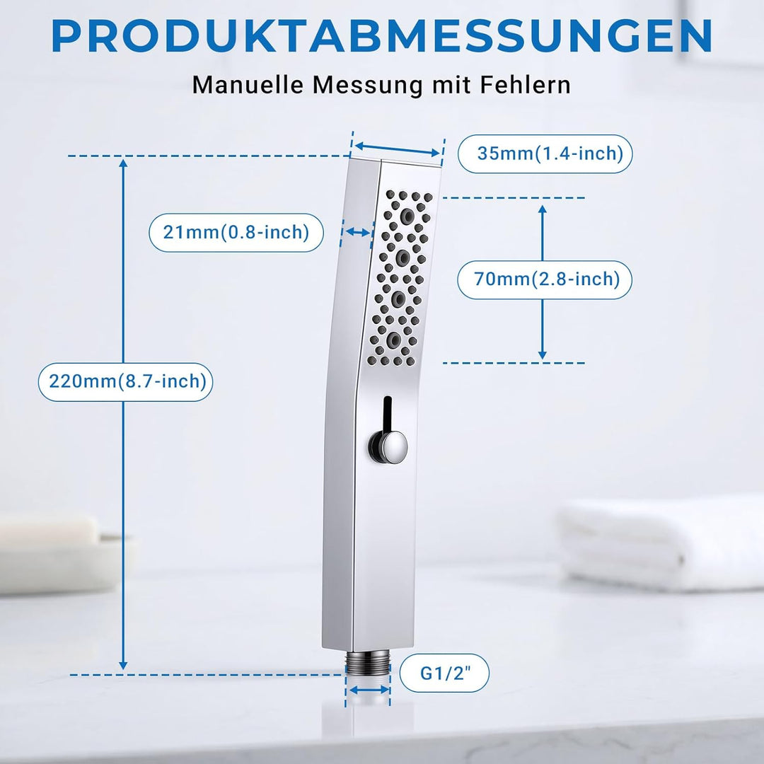 quadratischer Handbrause-Duschkopf aus Vollmetall mit 2 Funktionen, seitlichem Druckschalter für ein