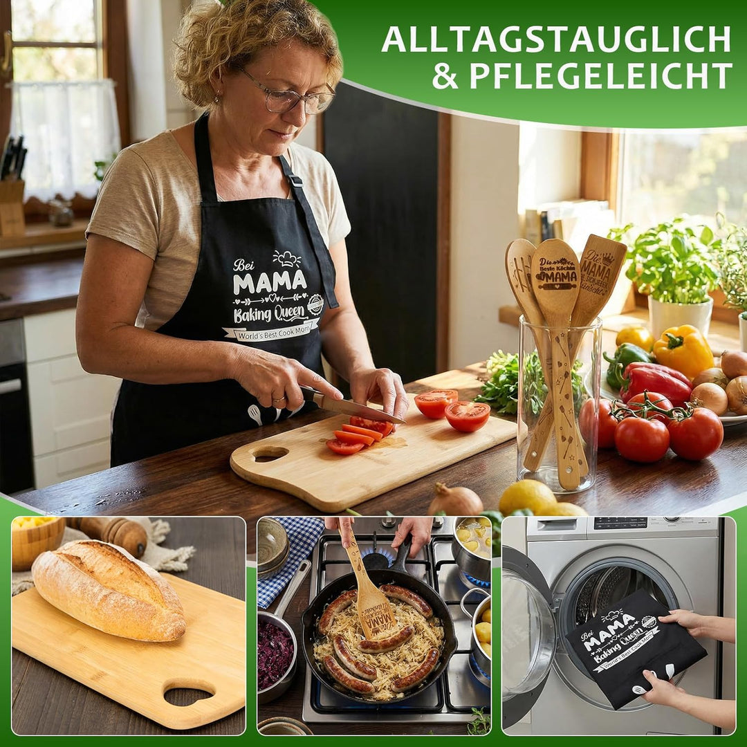 Geschenk für Mama Set, Muttertagsgeschenke Bambus-Holzbrett Personalisierte Schneidebrett mit Schürz