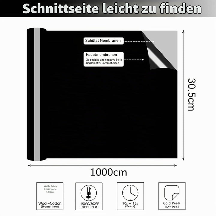 Bocguy Plotterfolie Textil Schwarz, 30.5CM x 10M Heat Transfer Vinyl Flexfolie Rollen mit Plotter We