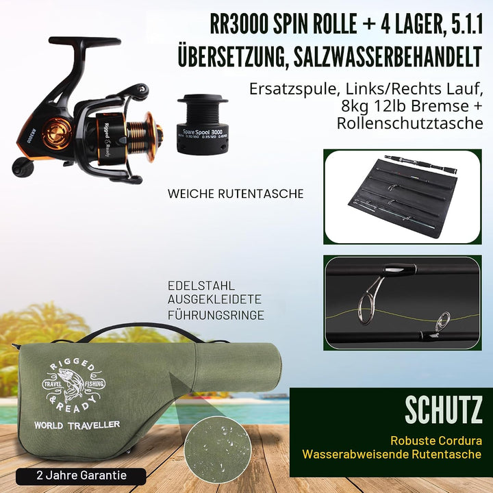World Traveller Angelrute / Angelrute / Angelrolle, inkl. Etui, 6 Abschnitte, 2 Spitzen, 215 cm + 1,