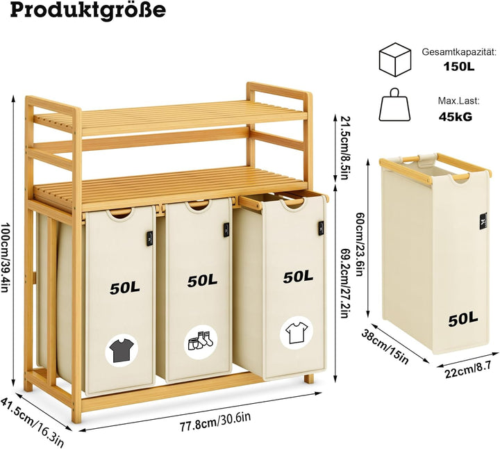AdelDream Wäschekorb 150L, 3 Fächer Wäschesammler, 2 Ablagen, Bambus | Wäschesortierer 3 x 50L, ausz