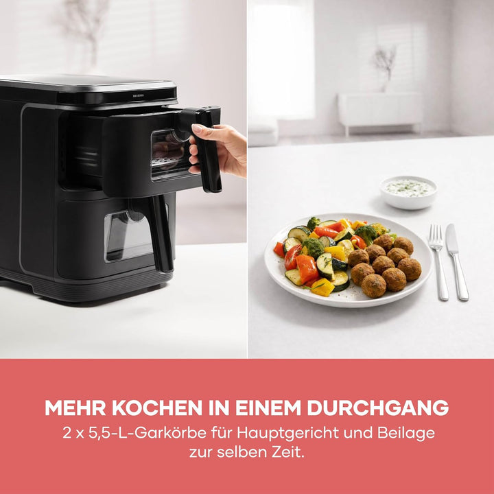 Severin Duo Stack Heissluftfritteuse, 2 x 5,5 L Garraum, 2 Kammern, gesundes Kochen, 9 Automatik-Pro
