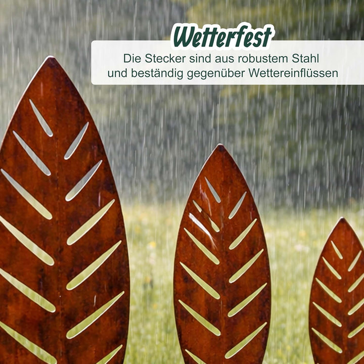Relaxdays Gartenstecker Palmblatt, 3er Set, Rost, Metall, H: 50–100 cm, Gartendeko, Metallstecker fü