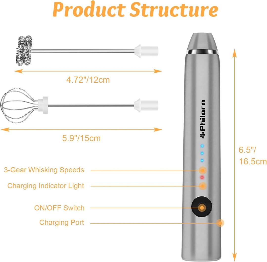 Philorn Milchaufschäumer Stab, Milchaufschäumer Elektrisch Stab Hand Held, 3-Gang USB Aufladbar Aufs
