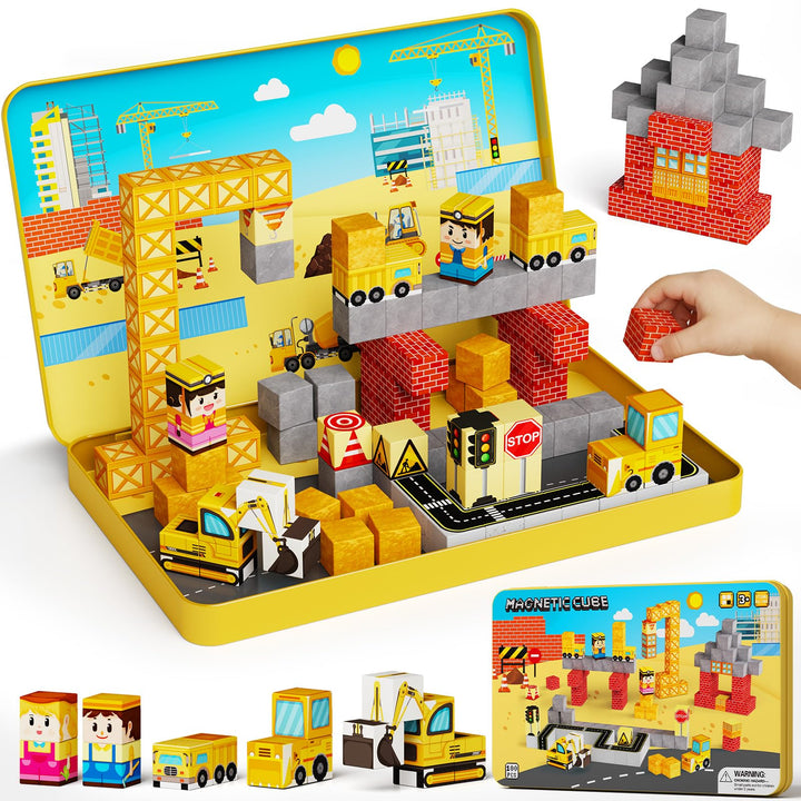Magnetische Bausteine Reiseset Baustelle: 100 Teile für Jungen | Baustellen-Magnetwürfel mit Metalld