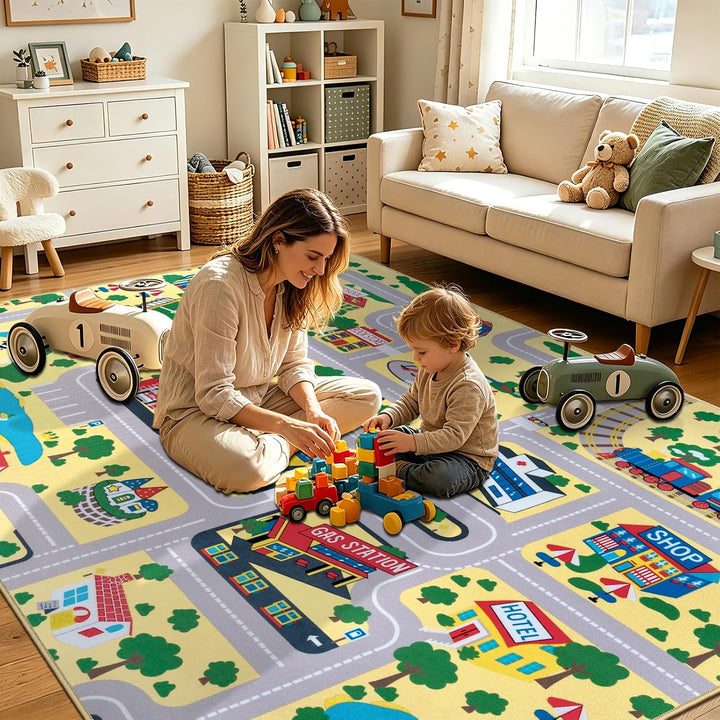 Capslpad Kinder Teppich Spielteppich für Kinder Stadt 150x200cm Rutschfest Kinderteppich Spielmatte