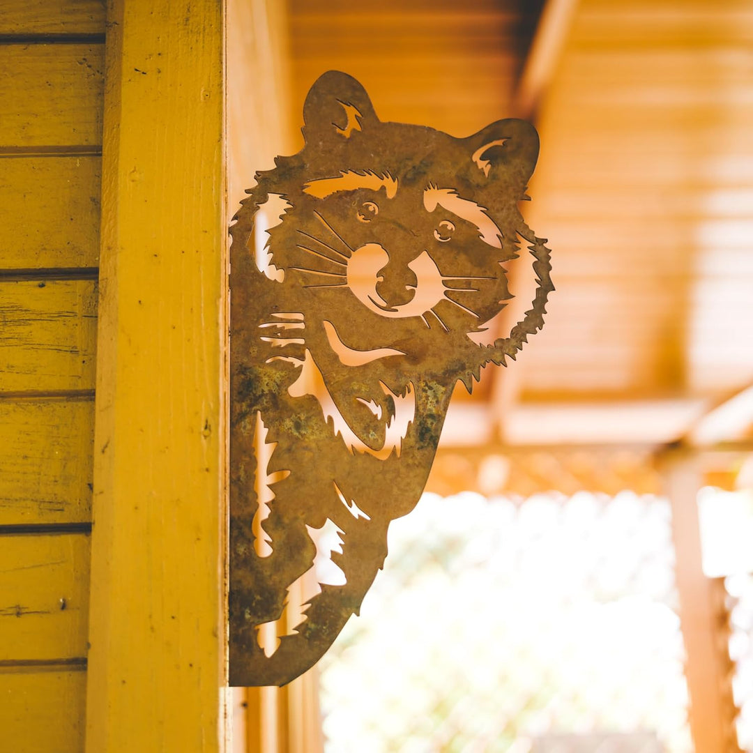 Steelmonks Edelrost Waschbär Baumstecker - Gartendeko für Draussen aus echtem Cortenstahl. Schöne Ga