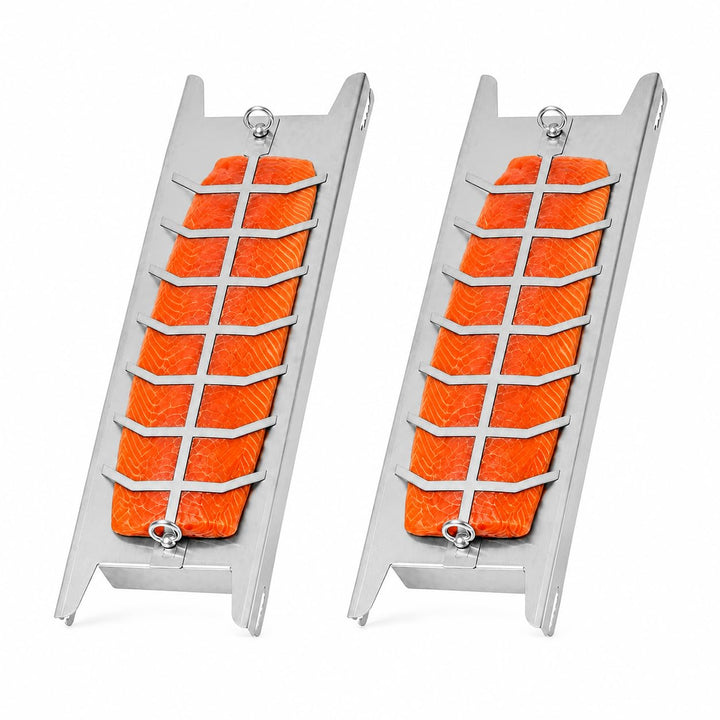 Flammlachsbrett 2er Set für Feuerschale &amp; Kugelgrill,180° drehbar | 59,5 cm lange Edelstahlplatte mi
