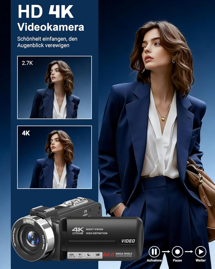 Videokamera Camcorder 4K 80MP mit IR Nachtsicht, HD 30FPS 18X Digitalzoom Webcam Videokameras, 3,0-Z