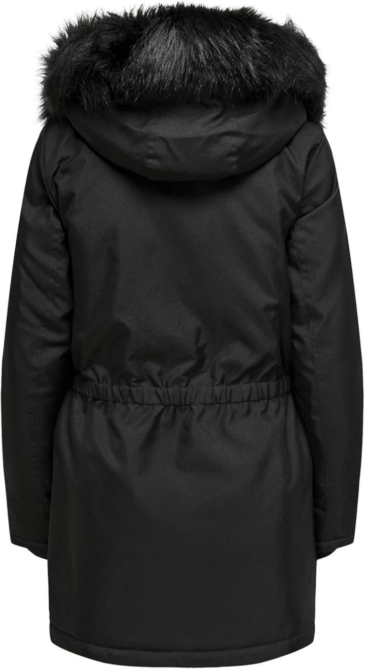 ONLY female Langer Parka Kapuze mit abnehmbarem Kunstfell-Rand Gerippte Ärmelbündchen Parka L Black