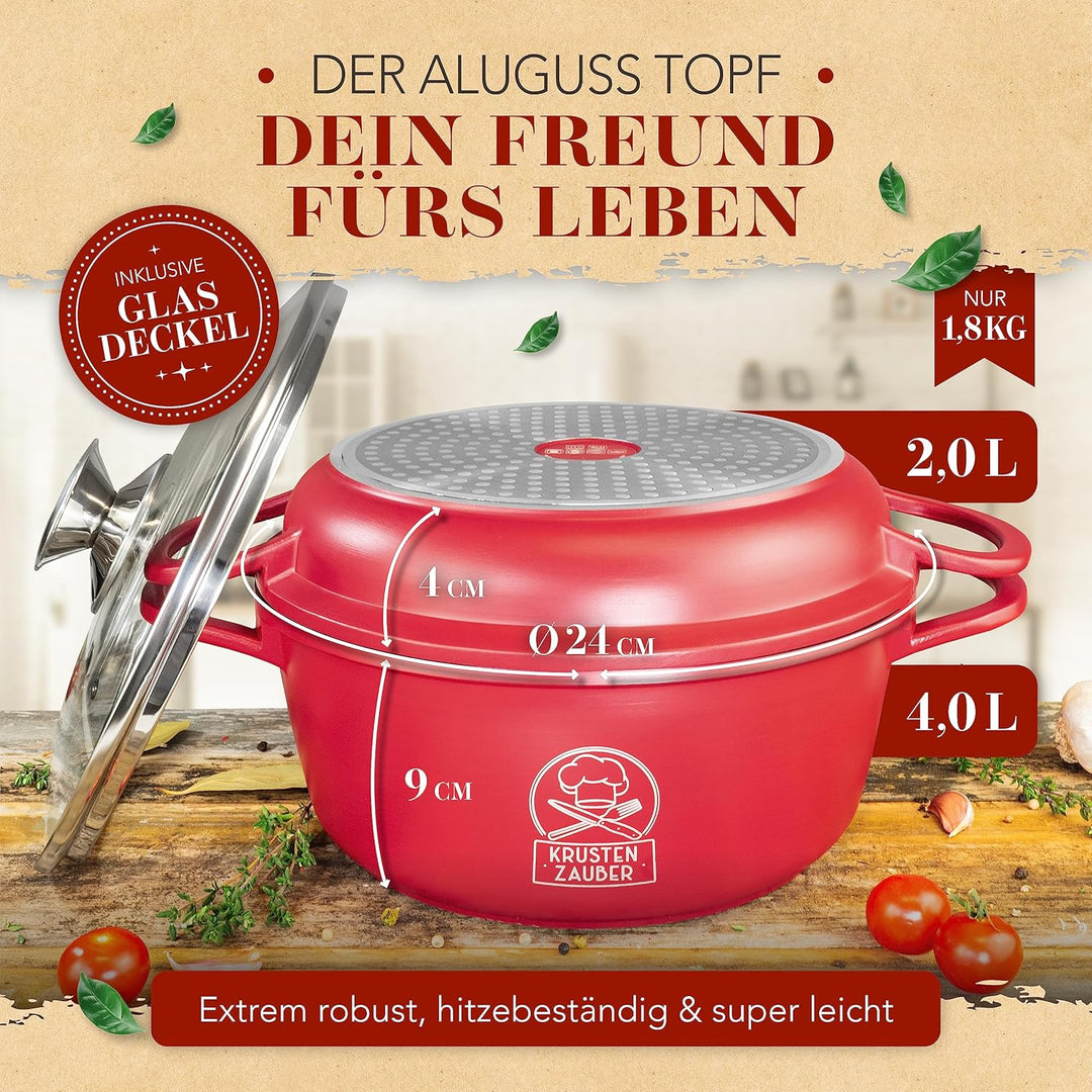 KRUSTENZAUBER 24cm Aluguss Bräter mit Deckel backofengeeignet [inkl. Glasdeckel] - 4L Aluminium Schm