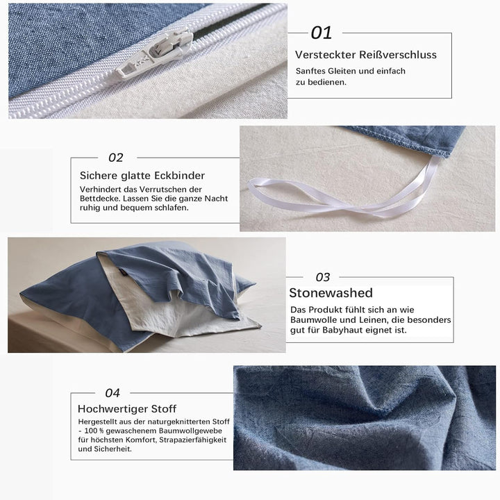 MILDLY Bettwäsche 155x220 Baumwolle, Bettwäsche-Sets Denim Blue 2 Teilig mit Reissverschluss Ähnlich