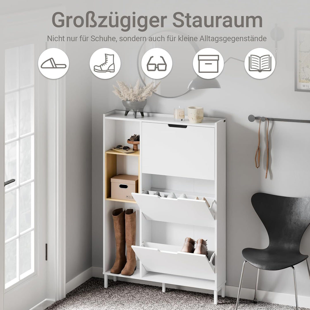 SoBuy Schuhschrank Schmal Weiss Bambus – Kompakter Schuhkipper mit 3 Klappen, Offenem Holzrahmen, Pl