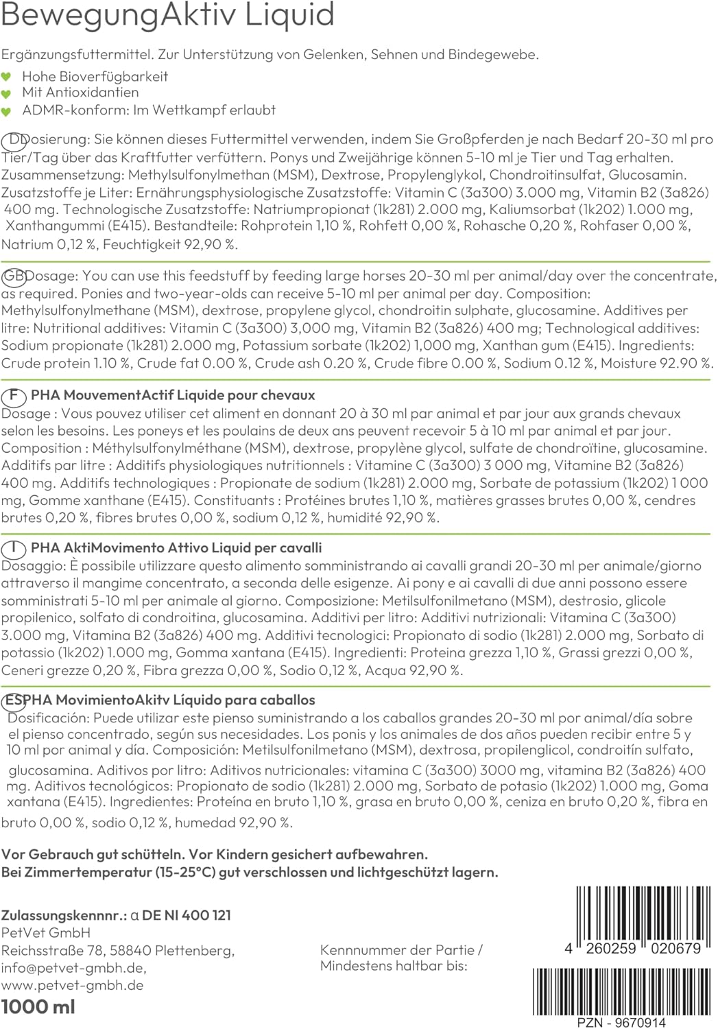 PHA BewegungAktiv Liquid Pferd, unterstützt Gelenke, Knorpel, Sehnen und Beweglichkeit der Pferde, m