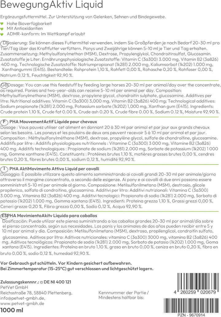 PHA BewegungAktiv Liquid Pferd, unterstützt Gelenke, Knorpel, Sehnen und Beweglichkeit der Pferde, m