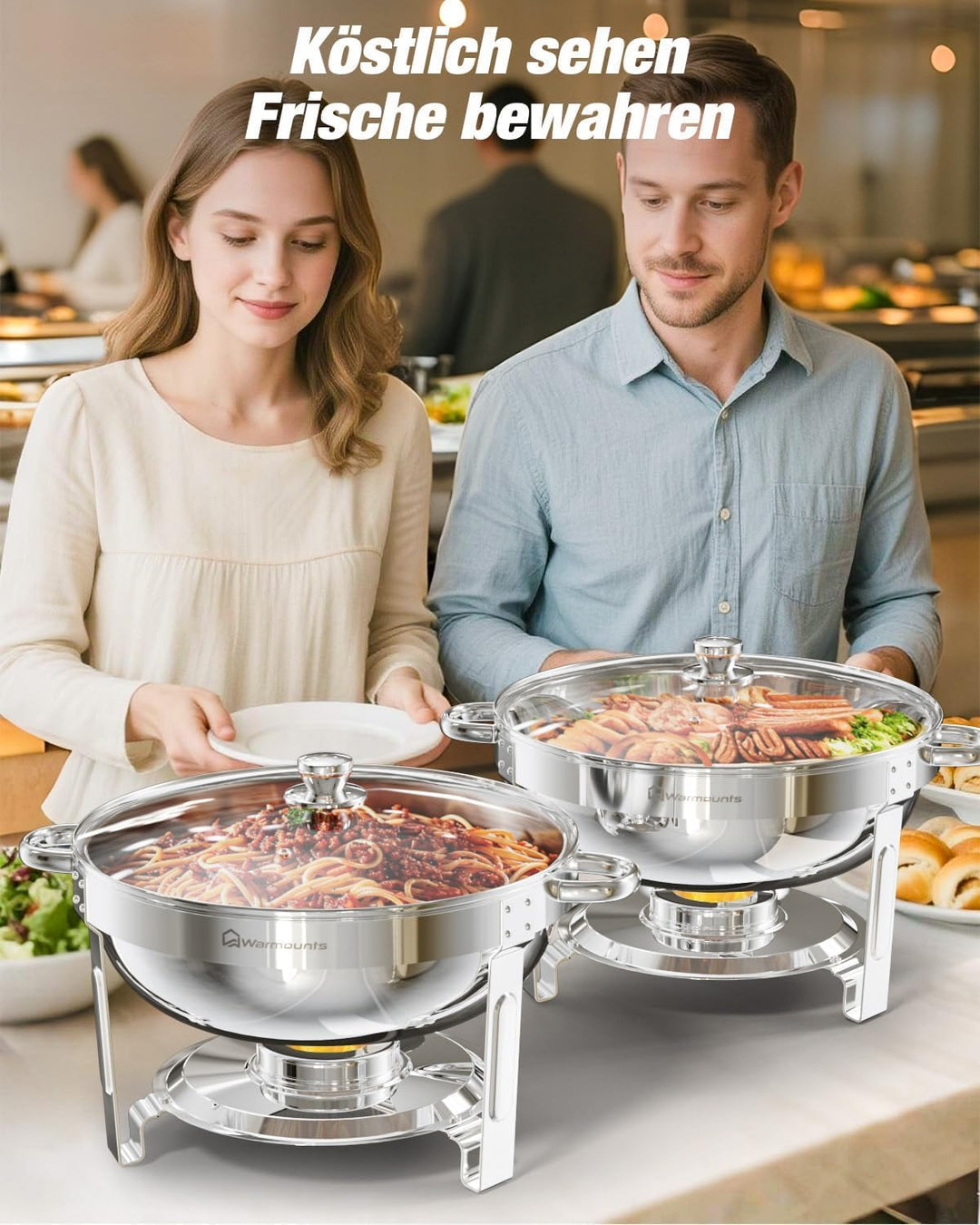 WARMOUNTS 4er Set Chafing Dish Buffet 5L, Rund Speisenwärmer für Catering mit Glasdeckel & Deckelhal