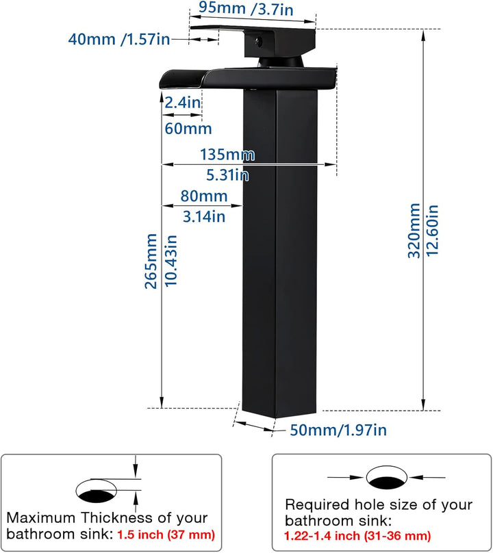 Wasserhahn Bad Schwarz Wasserfall Waschtischarmatur Hoch mit Auslauf 265mm | Messing Einhebel Mischb