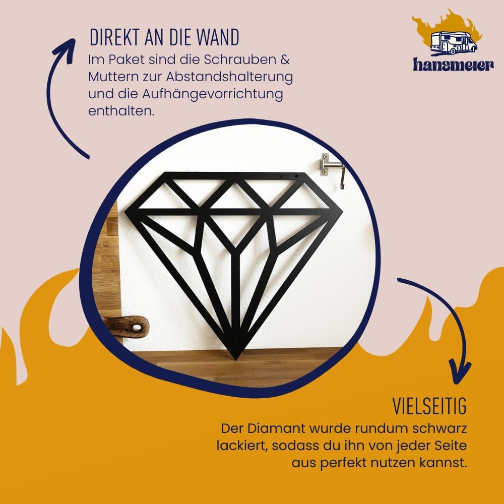 Hansmeier Wanddeko aus Metall | 42 x 48 cm | Metalldeko | Deko Industrial | Motiv Diamant, Diamant