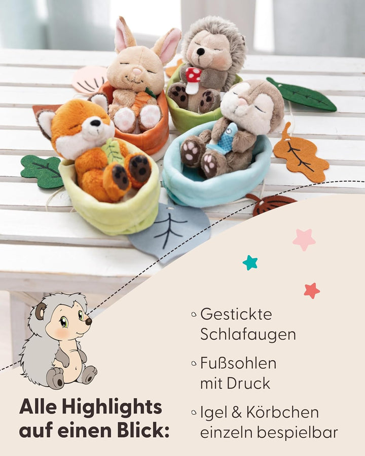 NICI Kuscheltier Igel mit Fliegenpilz schlafend im Körbchen - braun - Stofftier aus weichem Plüsch,