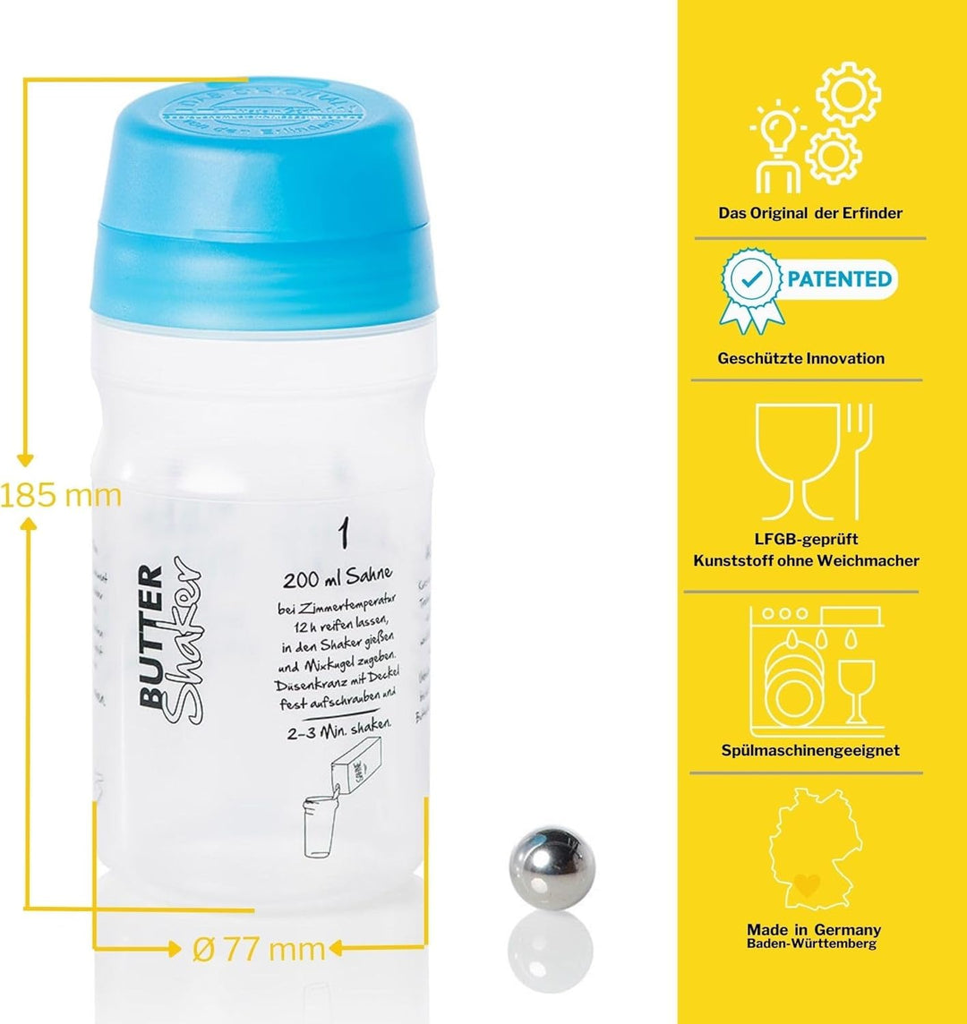Butter Machen im patentierten Butter-Shaker. 200 ml Sahne ergeben 75g Butter + 125 ml Buttermilch. E