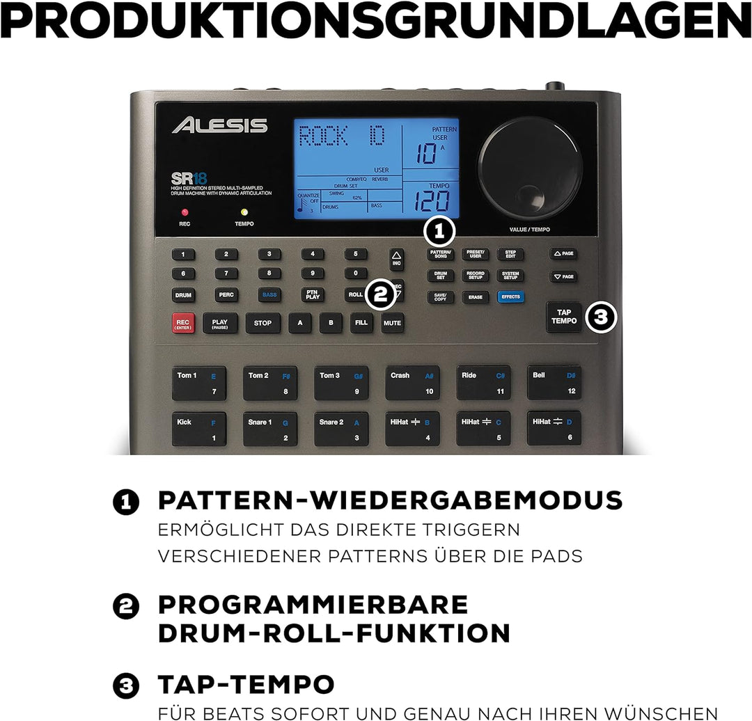 Alesis SR18 - Portables Drum Machine mit Effekten, 175 Preset Patterns und 32MB Samplespeicher mit P