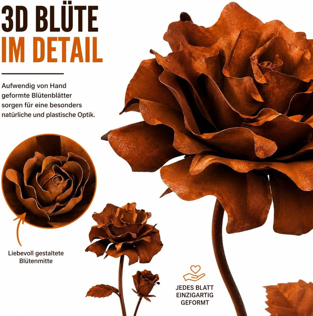 Terma Rost 3D Rose XXL 120 cm Höhe Rostblume Gartendeko rost Gartenfigur gross Metallfigur Garten Sc