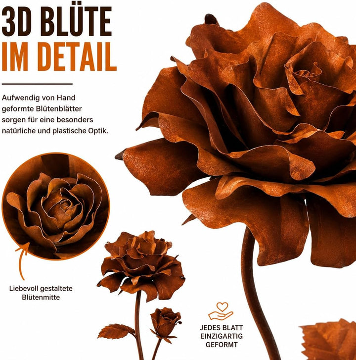 Terma Rost 3D Rose XXL 120 cm Höhe Rostblume Gartendeko rost Gartenfigur gross Metallfigur Garten Sc