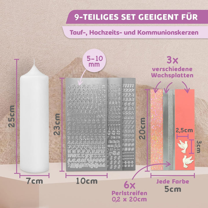 WIKAKERZEN Taufkerze selber Machen Set mit Kerzen-Rohling Buchstaben und Wachsplatten mit Wachsmotiv
