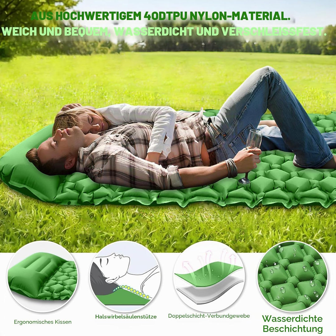 Isomatte Selbstaufblasend, wasserdichte Aufblasbare Schlafmatte mit Fusspumpe und Kissen, Ultraleich