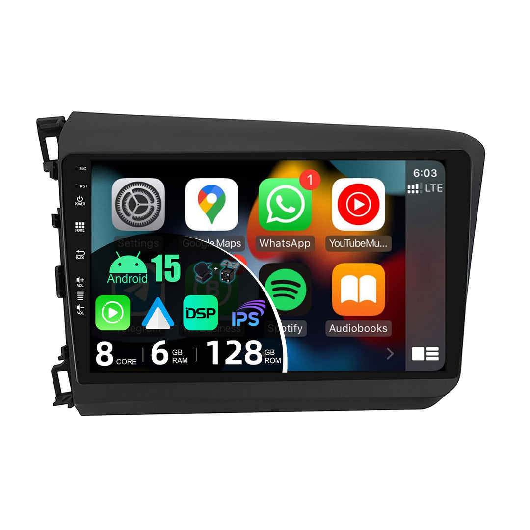[6G+128G] - Android 15 - Autoradio für Honda Civic (2012-2015) - Kabellos CarPlay/Android Auto - LED