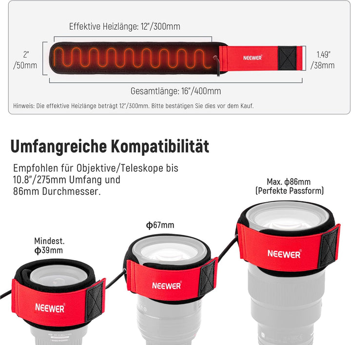 NEEWER USB Objektivheizung, 300mm Objektivwärmer für DSLR Kamera und Teleskop, 3 Temperatureinstellu