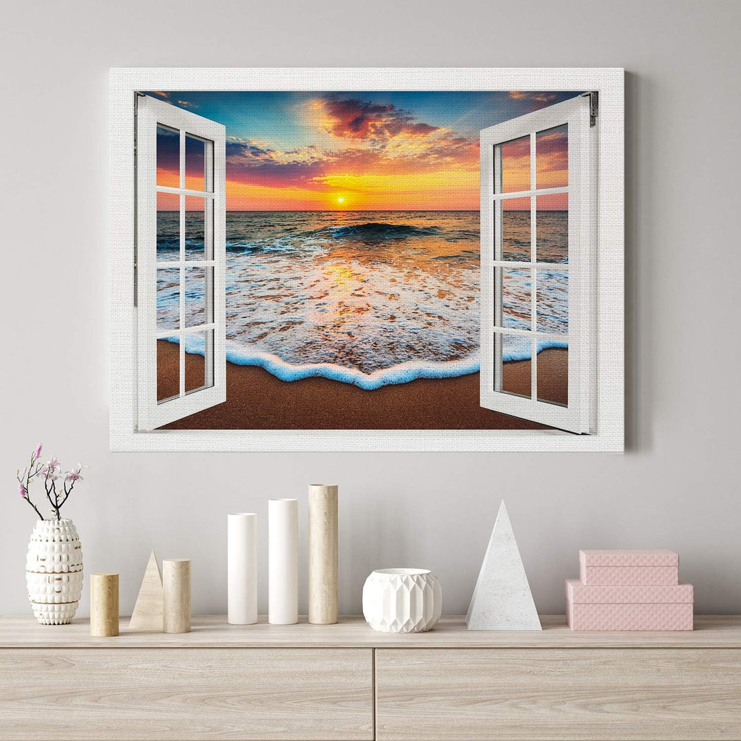 PICANOVA – Bild auf Leinwand Sonnenuntergang am Meer Fenster 80x60cm – Leinwandbild – Premium Leinwa