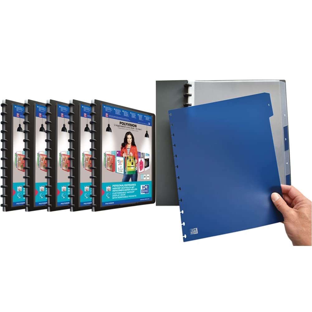 Oxford polyvision Ringmappe A4, mit vario-zipp, 20 Hüllen, schwarz, 5er Pack &amp; Oxford manageMe Ringm