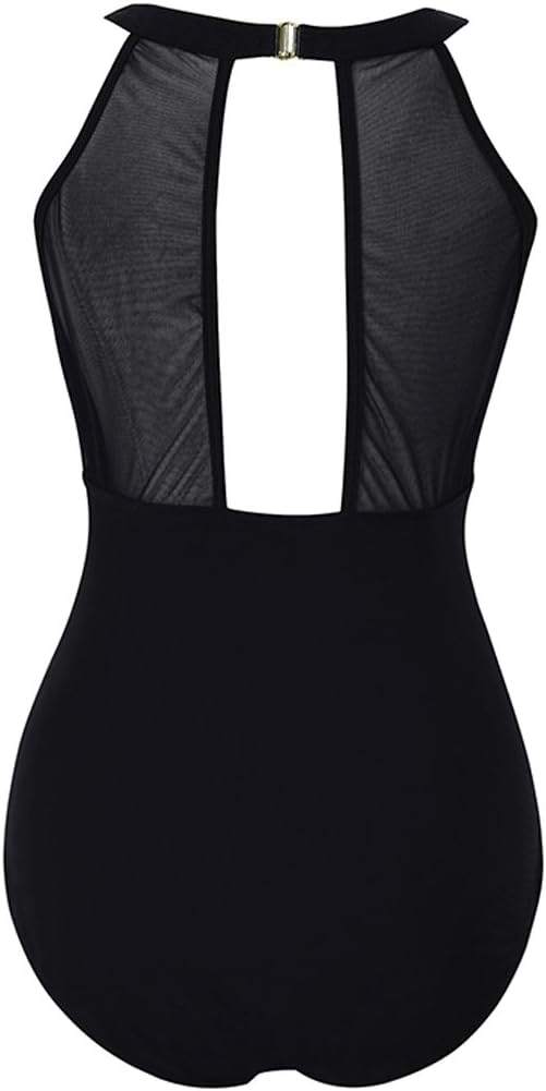 VILOREE Damen Schlankheits Badeanzug Raffung Einteiler High Neck Bademode Strandmode M Blumen 
