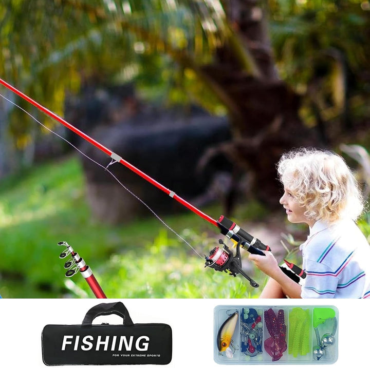 Angelset für Kinder, Rot 1.8m Kinderangel Starter Set, Angelrute Set Kinder mit Angelrolle und Köder