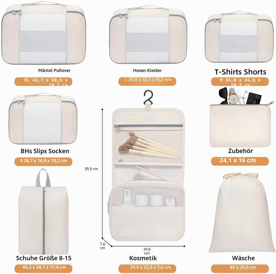 BAGAIL 8er-Set Packwürfel in verschiedenen Grössen Packorganizer für Reisezubehör Handgepäck Koffer