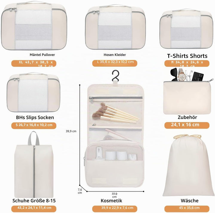 BAGAIL 8er-Set Packwürfel in verschiedenen Grössen Packorganizer für Reisezubehör Handgepäck Koffer
