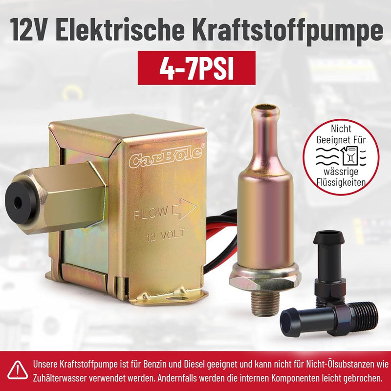 CarBole Kraftstoffpumpe 12V Elektrische Benzinpumpe Metall 4-7 PSI Universal Inline Kraftstoffpumpe