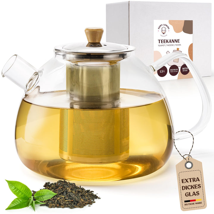 Glas Teekanne mit Siebeinsatz - 1,5 Liter - Erhöhte Glasstärke - Teekanne Glas - Teezubereiter für L