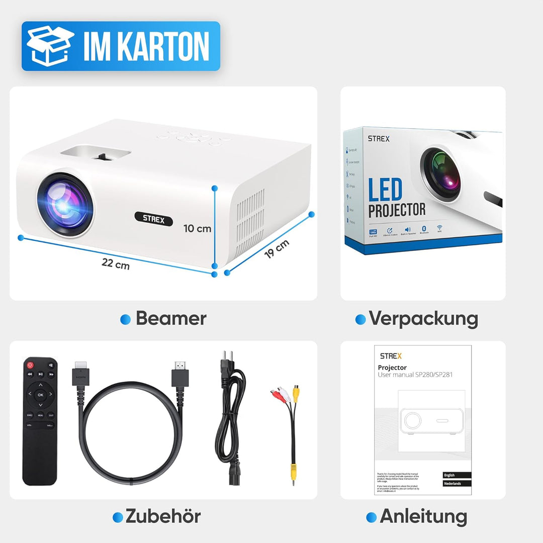 Strex Beamer - 1080P Full HD - 15000 Lumen - Drahtloses Streaming - WiFi - Bluetooth - Mini Beamer -