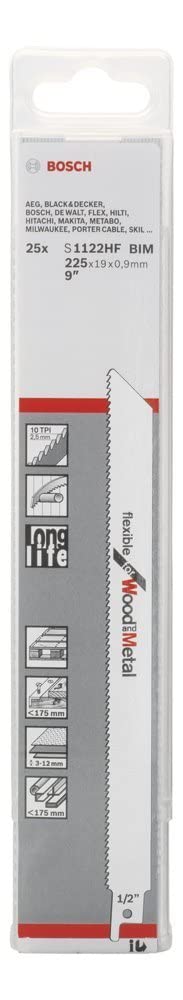 Bosch Professional 25 Stück Säbelsägeblatt S 1122 HF Flexible for Wood and Metal (Länge 225 mm, Zube