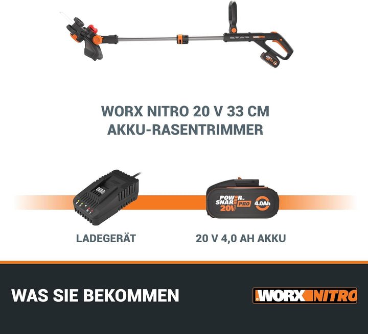 WORX Nitro WG173E Akku Rasentrimmer 20V - leistungsstarker bürstenloser Motor - 33 cm Schnittkreis -