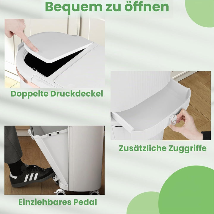 LIFEZEAL 38L / 42L Mülleimer auf Rädern, Abfalleimer mit 3 Fächern &amp; Deckel, Tretmülleimer mit Griff