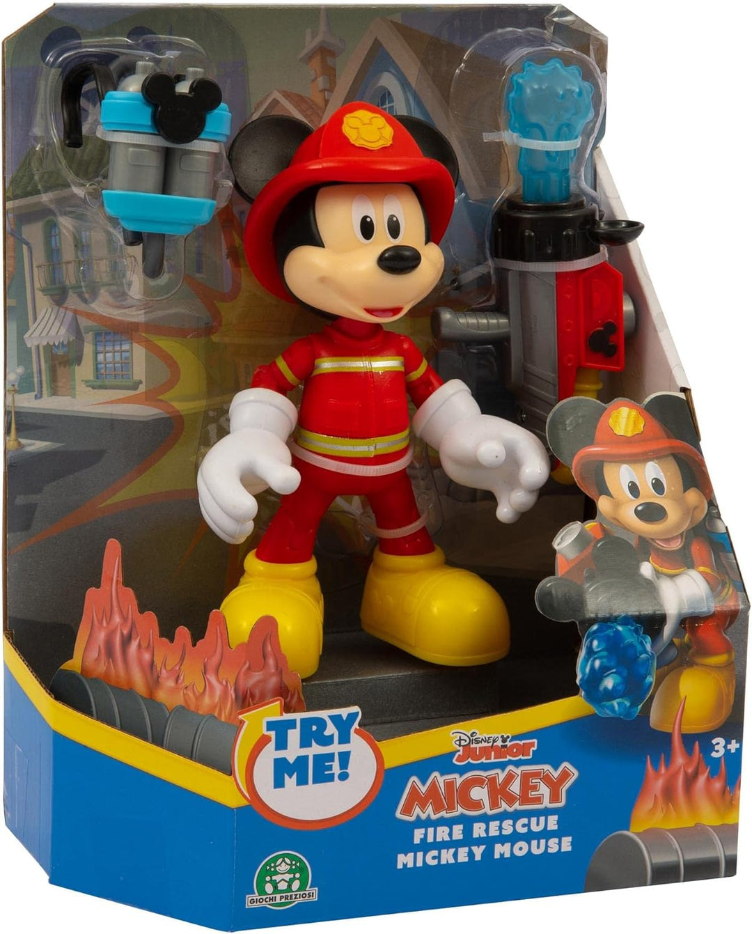 Giochi Preziosi Disney Mickey Figur Feuerwehrmann, 15 cm, beweglich, mit Rucksack mit Wasserkanone u