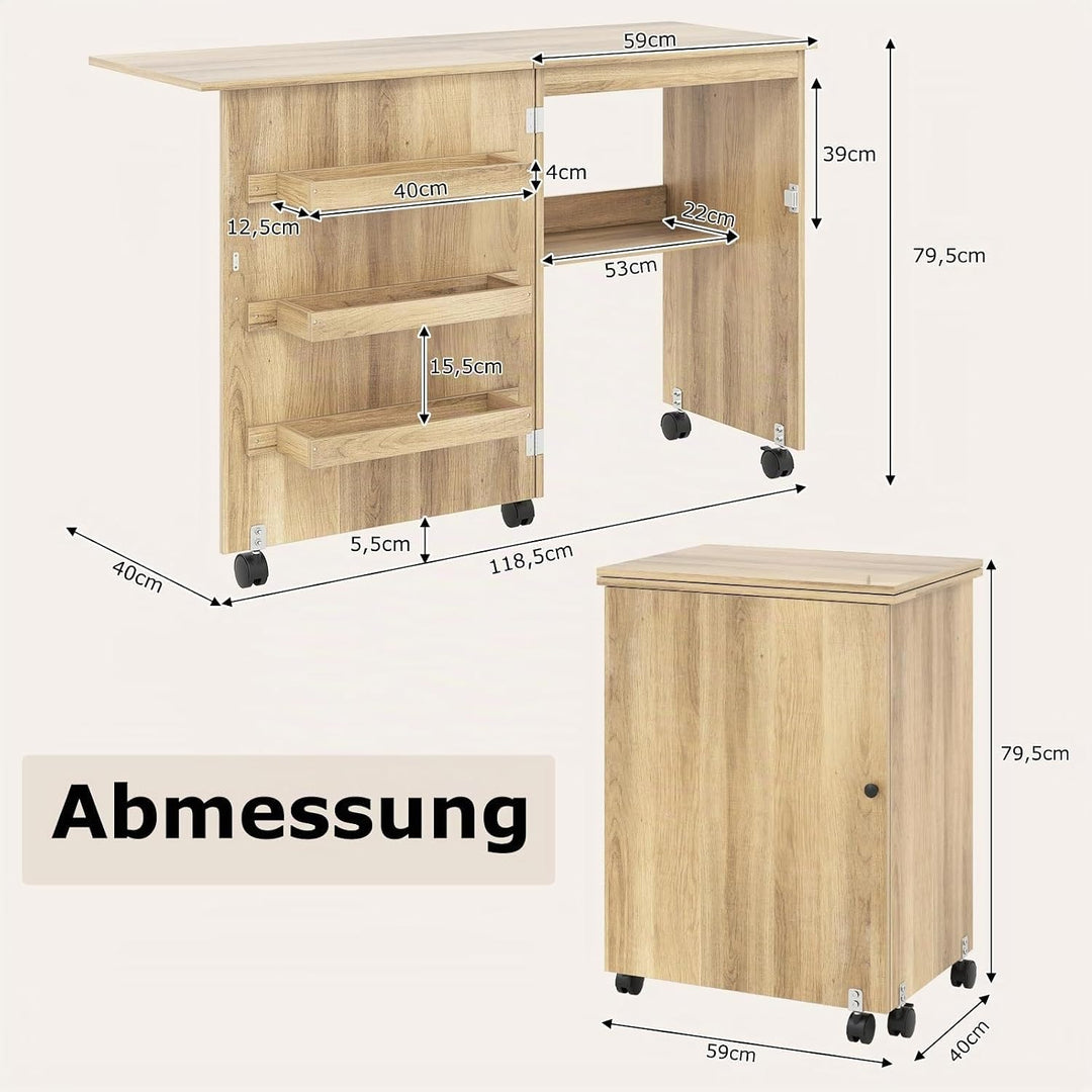 GIANTEX Nähtisch klappbar, Nähmaschinentisch auf Rollen, Nähtisch für Nähmaschine, Nähschrank Holz,