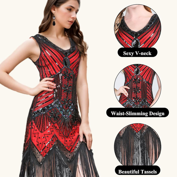 ELECLAND 1920er V-Ausschnitt Pailletten Perlen Fransenkleid mit 20er Accessoires Set S Red (Style 2)