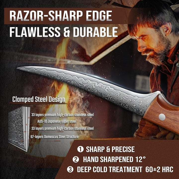 DRAGON RIOT Ausbeinmesser profi, Fleischmesser extrem Scharf Damastmesser mit Ergonomischer Griff, D