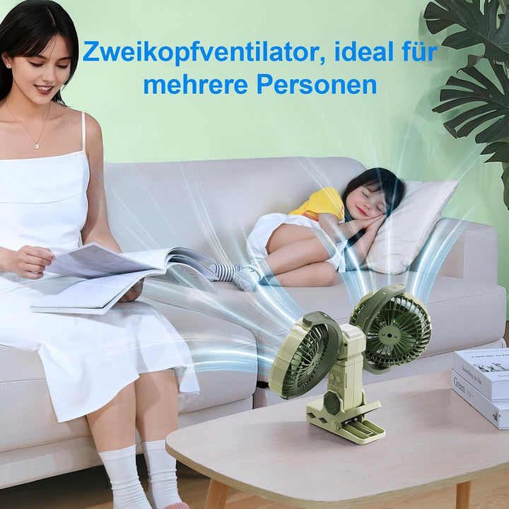 Clip Ventilator Akku mit Licht, USB C Aufladbar Leise Fan Doppelkopf Wandventilator,Stark Lufter Kle
