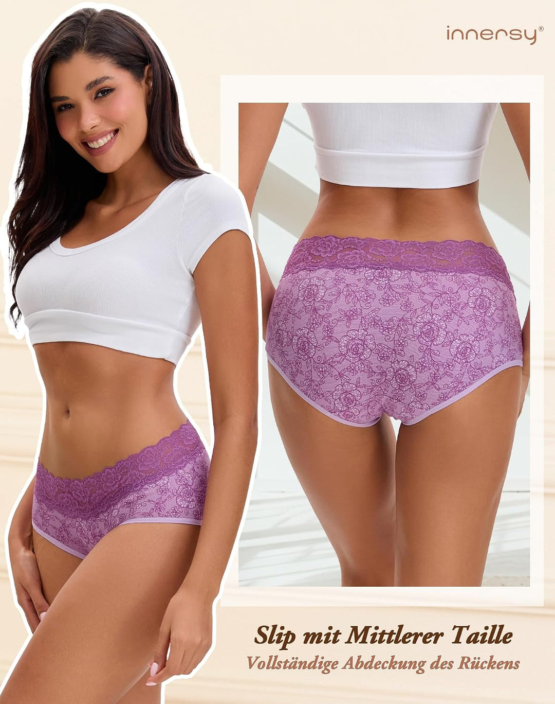 INNERSY Unterhosen Damen Baumwolle Slips mit Spitze Bequeme Hipster Unterwäsche Mehrpack 6 36 1 Lila