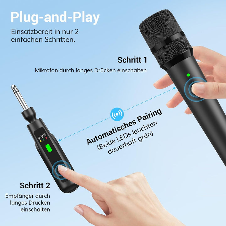 TONOR 2.4G Mikrofon Kabellos, wiederaufladbares Funkmikrofon Set mit 6,35/3,5 mm Empfänger, 15 m Rei